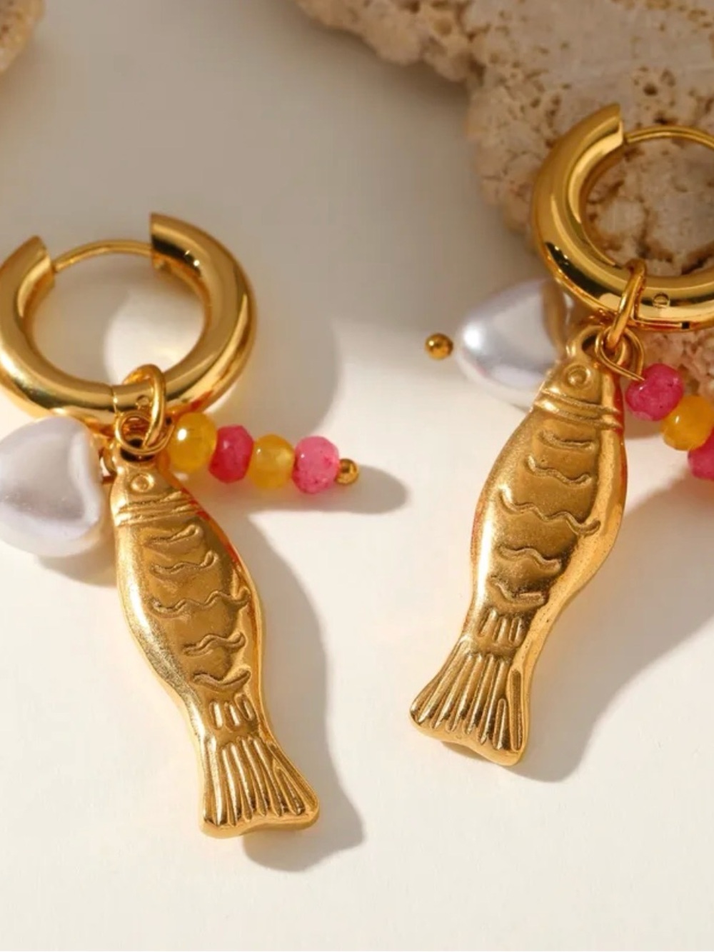 Gold Fish Charm Hoop Earrings with Pink & Yellow Beads